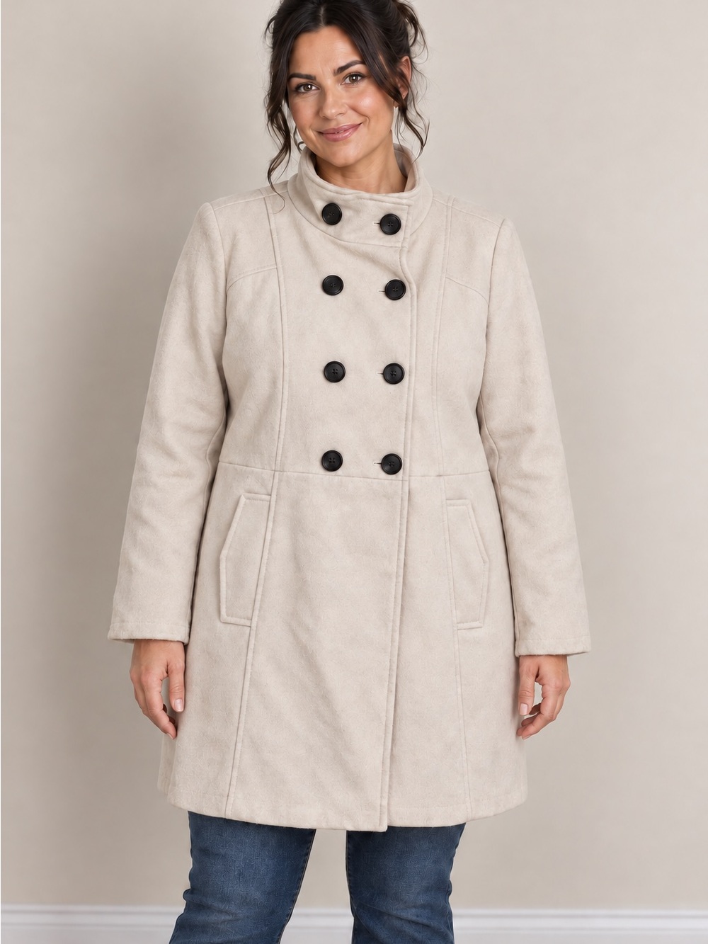 Old Navy Women's Cream Double-Breasted Pea Coat with Black Buttons XL